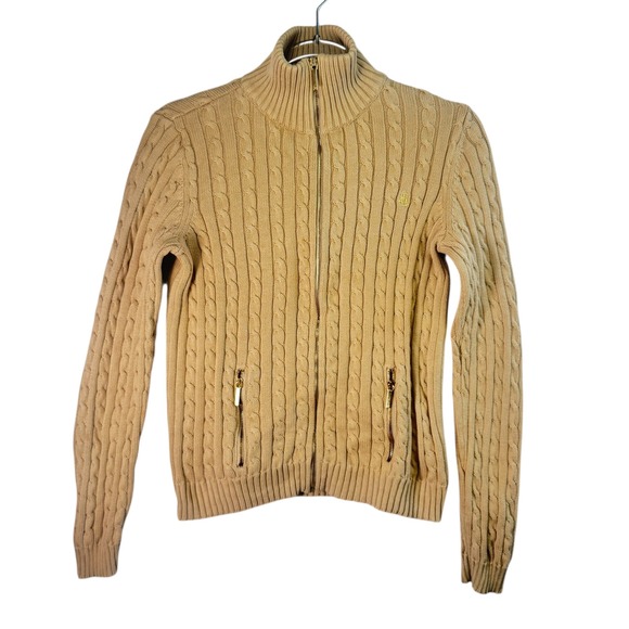 Lauren Ralph Lauren Sweaters - Ralph Lauren Womens Sz S Tan Cable Knit Cotton Full Zip Sweater Preppy Classic